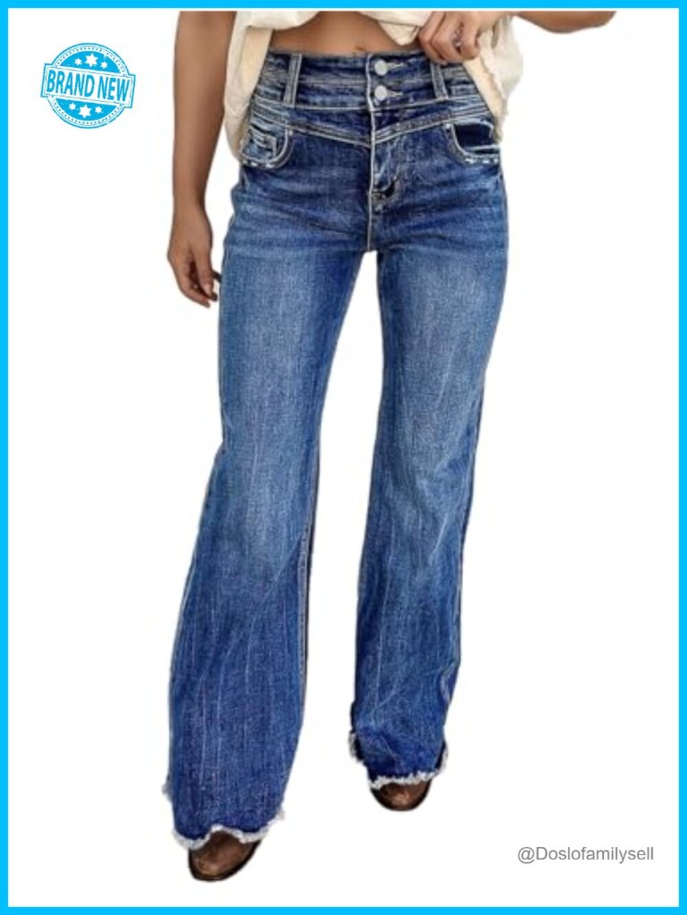 Women's High Rise Flare Jeans with Raw Hem and Seam Front Detail